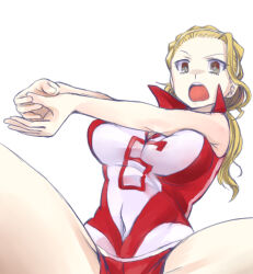 Rule 34 | 1girl, blonde hair, brown eyes, bumping, commentary, frown, girls und panzer, hair pulled back, hairband, highres, long hair, looking at viewer, nabeyu, open mouth, own hands together, ponytail, red shirt, red shorts, sasaki akebi, shirt, short shorts, shorts, simple background, sleeveless, sleeveless shirt, sportswear, squatting, volleyball uniform, white background, white hairband