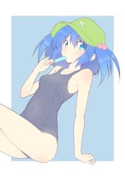 Rule 34 | 1girl, absurdres, arm support, bare arms, bare shoulders, black one-piece swimsuit, blue background, blue eyes, blue hair, border, breasts, cabbie hat, collarbone, commentary request, covered navel, food, green hat, hair between eyes, hair bobbles, hair ornament, hand up, hat, highres, holding, holding food, kawashiro nitori, nirap, one-piece swimsuit, outside border, popsicle, short hair, sidelocks, simple background, sitting, small breasts, solo, swimsuit, thighs, touhou, two side up, white border