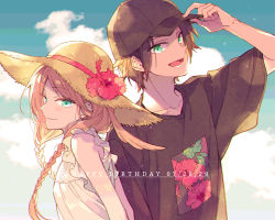 Rule 34 | 1boy, 1girl, :d, arashiyama jun, arms at sides, bare shoulders, baseball cap, black headwear, black shirt, braid, brown headwear, closed mouth, cloud, cousins, dated, day, dress, english text, floral print, flower, frills, green eyes, hair flaps, hair over shoulder, hand on headwear, hand up, happy birthday, hat, hat flower, hibiscus, konami kirie, long hair, looking at viewer, noeru (putty), open mouth, print shirt, red flower, shirt, short sleeves, sky, smile, straw hat, summer, sun hat, sundress, t-shirt, twin braids, twintails, upper body, white background, world trigger