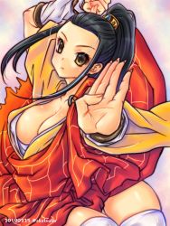 Rule 34 | 1girl, :c, black hair, breasts, brown eyes, cleavage, clenched hand, commentary request, fighting stance, forehead, frown, genderswap, genderswap (mtf), hair tubes, highres, ikeda tsukasa, large breasts, lei-fei, long hair, looking at viewer, ponytail, sega, shaolin monk, shawl, sidelocks, solo, thick thighs, thighhighs, thighs, virtua fighter, white thighhighs