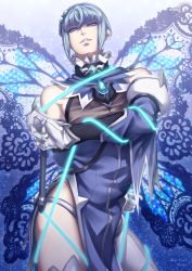 Rule 34 | 1boy, arm behind back, artist name, blue background, blue gemstone, bound, butterfly wings, dated, detached sleeves, fairy ranmaru:anata no kokoro otasuke shimasu, gem, gloves, gradient background, grey hair, hair ornament, highres, holding, holding whip, ikenie18, insect wings, looking at viewer, parted lips, pointy ears, purple background, seiren uruu, solo, standing, whip, white gloves, wings