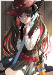 Rule 34 | 1girl, aged down, belt, black hair, black vest, blush, breasts, collared shirt, colored inner hair, cowboy hat, fate/grand order, fate (series), full body, hat, highres, holding, holding toy, holster, ishtar (fate), long hair, long sleeves, looking at viewer, minoe08, multicolored hair, official alternate costume, parted bangs, parted lips, pleated skirt, red eyes, red hair, ribbon, shirt, sitting, skirt, small breasts, solo, space ishtar (fate), tearing up, tears, toy, toy gun, toy sword, trembling, twitter username, two-tone hair, two side up, very long hair, vest, wariza, white background, white shirt