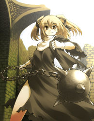 Rule 34 | 1girl, ball, ball and chain (weapon), blonde hair, brown eyes, chain, flail, gloves, morning star, nun, original, short hair, solo, spikes, torn clothes, tro (trombe), twintails, weapon