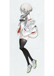 Rule 34 | 1girl, bare shoulders, breasts, eater (neco), grey hair, hands in pockets, highres, jacket, jacket partially removed, leotard, long hair, mask, medium breasts, mouth mask, neco, original, red eyes, shoes, simple background, sneakers, solo, standing, thighhighs