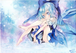 Rule 34 | 1girl, barefoot, blue eyes, blue hair, bow, cirno, colored pencil (medium), dated, dress, feet, hair bow, ice, ice wings, looking at viewer, matching hair/eyes, mosho, painting (medium), puffy sleeves, ribbon, ripples, short hair, short sleeves, signature, smile, solo, sparkle, toes, touhou, traditional media, watercolor (medium), wings