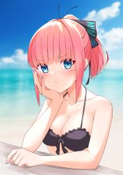 Rule 34 | 1girl, bare arms, beach, bikini, black bikini, black ribbon, blue eyes, blue nails, blue sky, blunt bangs, blurry, blurry background, blush, breasts, cleavage, closed mouth, cloud, collarbone, commentary request, day, fingernails, front-tie bikini top, front-tie top, go-toubun no hanayome, hair ornament, hair ribbon, halterneck, head rest, high ponytail, highres, large breasts, looking at viewer, medium breasts, nail polish, nakano nino, ocean, outdoors, pink hair, ponytail, profnote, purple nails, ribbon, short hair, sky, solo, swimsuit, upper body