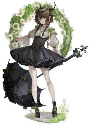 Rule 34 | 1girl, absurdres, black footwear, black skirt, black socks, black umbrella, bow, braid, breasts, brown hair, closed mouth, clover hair ornament, commentary request, curled horns, eyebrows hidden by hair, flower, flower wreath, four-leaf clover hair ornament, frilled umbrella, frills, full body, green bow, green eyes, green ribbon, hair between eyes, hair ornament, hair over shoulder, hair ribbon, head wreath, highres, holding, holding umbrella, horns, juliet sleeves, long hair, long sleeves, ori (momonimo), original, pointy ears, puffy sleeves, ribbon, shirt, shoes, skirt, small breasts, smile, socks, solo, standing, twin braids, twintails, umbrella, underbust, white background, white flower, white shirt
