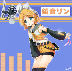 Rule 34 | 1girl, :o, belt, blonde hair, blue background, buckle, character name, cowboy shot, detached sleeves, hair ornament, hair ribbon, hairclip, kagamine rin, microphone, number tattoo, open mouth, ribbon, sailor collar, short sleeves, shorts, shoulder tattoo, simple background, solo, standing, swept bangs, tattoo, text focus, tomusooya, vocaloid, white ribbon