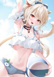 Rule 34 | 1girl, absurdres, animal ears, arm up, ball, beachball, bikini, blonde hair, blush, breasts, cat ears, cat tail, day, final fantasy, final fantasy xiv, highres, long hair, looking at viewer, miqo&#039;te, navel, open mouth, outdoors, pendant choker, ponytail, red eyes, solo, swimsuit, tail, underboob, warrior of light (ff14), yana mori