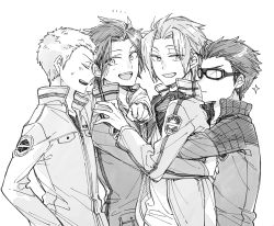 Rule 34 | 4boys, arashiyama jun, arm around neck, boy sandwich, closed eyes, emblem, from side, greyscale, group hug, hand on own hip, hug, hug from behind, ikoma tatsuhito, jacket, jin yuuichi, kakizaki kuniharu, long sleeves, looking at another, looking at viewer, looking back, male focus, monochrome, multiple boys, noeru (putty), outstretched arm, sandwiched, simple background, upper body, white background, world trigger, zipper