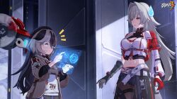 Rule 34 | 2girls, asymmetrical clothes, asymmetrical gloves, black hair, black nails, breasts, character request, chinese commentary, closed mouth, furrowed brow, gloves, height difference, highres, honkai (series), honkai impact 3rd, large breasts, logo, long hair, looking at another, midriff, multicolored hair, multiple girls, navel, official art, official wallpaper, parted lips, red gloves, screen, standing, sweatdrop, white hair, white sleeves