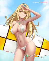 Rule 34 | 1girl, armpits, arms up, artist name, bare arms, bare shoulders, bikini, blonde hair, blue sky, blush, breasts, brown eyes, cleavage, closed mouth, collarbone, contrapposto, cowboy shot, dakkalot, day, earrings, gem, holding, jewelry, large breasts, long hair, looking at viewer, mythra (xenoblade), navel, nintendo, outdoors, salute, sky, smile, solo, stomach, surfboard, swimsuit, thighs, tiara, very long hair, white bikini, xenoblade chronicles (series), xenoblade chronicles 2, xenoblade chronicles (series), xenoblade chronicles 2