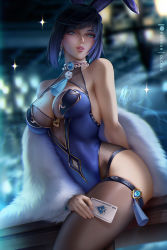 Rule 34 | 1girl, ace (playing card), ace of spades, animal ears, arm at side, arm support, artist name, bare shoulders, bead choker, black hair, blue dress, blue hair, blurry, blurry background, bob cut, breasts, card, collarbone, commentary, commentary request, cowboy shot, diagonal bangs, dice, dress, earrings, english commentary, fake animal ears, feather collar, fingernails, fur trim, genshin impact, gold trim, green eyes, holding, holding card, jacket, jewelry, large breasts, leotard, light blush, lips, looking at viewer, mixed-language commentary, mole, multicolored hair, nail polish, neck ring, neck tassel, nose, olchas, on railing, pants, parted lips, pelvic curtain, pink lips, pink nails, playboy bunny, playing card, rabbit ears, railing, short hair, signature, sitting, solo, spade (shape), sparkle, strapless, strapless leotard, tassel, tassel choker, tassel earrings, thighhighs, tight clothes, tight pants, vision (genshin impact), white jacket, yelan (genshin impact)