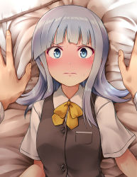 Rule 34 | &gt;:(, 10s, 1girl, arm support, bed sheet, black vest, blue eyes, blunt bangs, blush, bow, bowtie, buttons, close-up, closed mouth, collared shirt, embarrassed, fingernails, from above, frown, full-face blush, hatsukaze (kancolle), highres, kamelie, kantai collection, long hair, long sleeves, looking at viewer, lying, on back, pillow, pink lips, pocket, pov, red bow, red neckwear, shirt, short sleeves, silver hair, solo focus, sweatdrop, tareme, upper body, v-shaped eyebrows, vest, white shirt, wing collar, yellow bow, yellow bowtie