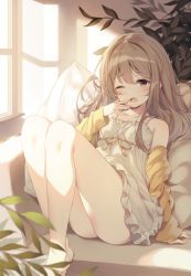 Rule 34 | 1girl, blush, breasts, brown hair, dress, hand to own mouth, highres, jacket, legs, long hair, open mouth, original, sitting, small breasts, solo, white dress, yaya (yayaa 00)