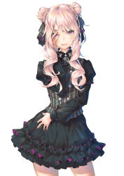 Rule 34 | 1girl, :d, bad id, bad pixiv id, black dress, black ribbon, blush, bow, braid, breasts, buttons, contrapposto, double-breasted, double bun, dress, frilled dress, frills, hair bun, hair ribbon, hand on own face, himehina channel, long hair, long sleeves, looking at viewer, multicolored hair, nail polish, open mouth, pink hair, purple eyes, red nails, ribbon, sidelocks, simple background, small breasts, smile, streaked hair, tanaka hime, vest, virtual youtuber, white background, xi zhujia de rbq