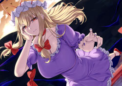 Rule 34 | 1girl, absurdres, blonde hair, bow, breasts, cleavage, dress, dutch angle, frilled dress, frills, hair bow, hat, highres, large breasts, long hair, looking at viewer, mirufui, mob cap, orange eyes, puffy short sleeves, puffy sleeves, purple dress, purple nails, red bow, red footwear, short sleeves, smile, solo, touhou, white hat, yakumo yukari