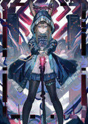 Rule 34 | &gt;:(, 1girl, amiya (arknights), animal ears, arknights, ascot, black jacket, black pantyhose, blue ascot, blue eyes, blue skirt, brown hair, closed mouth, commentary request, ears through headwear, echj, feet out of frame, glowing, hair between eyes, highres, hood, hood up, hooded jacket, jacket, jewelry, light frown, long hair, looking at viewer, open clothes, open jacket, own hands together, pantyhose, pleated skirt, rabbit ears, ring, shirt, sidelocks, skirt, smoke, solo, standing, v-shaped eyebrows, white shirt