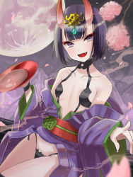 1girl, bangs, bare shoulders, bob cut, breasts, collarbone, cup, eyeliner, fate/grand order, fate (series), headpiece, highres, horns, japanese clothes, kimono, long sleeves, looking at viewer, makeup, oni, oni horns, purple eyes, purple hair, purple kimono, revealing clothes, sakazuki, setta shu, short hair, shuten douji (fate), skin-covered horns, small breasts, wide sleeves