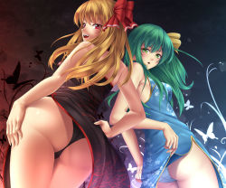 Rule 34 | 2girls, alternate costume, ass, bad id, bad pixiv id, bare shoulders, black panties, blonde hair, bow, bug, butterfly, china dress, chinese clothes, daiyousei, dress, embodiment of scarlet devil, fang, fangs, female focus, green eyes, green hair, hair bow, highres, insect, long hair, mochi.f, multiple girls, aged up, panties, red eyes, rumia, side ponytail, slit pupils, smile, touhou, underwear, white panties