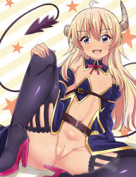 Rule 34 | 1girl, ahoge, arm support, armor, ass, bikini armor, black thighhighs, blonde hair, blue eyes, blush, bottomless, breasts, broken horn, butt crack, cleft of venus, demon girl, demon horns, demon tail, detached collar, fang, high heels, horns, lilith (machikado mazoku), long hair, looking at viewer, machikado mazoku, mak066, navel, open mouth, pussy, shiny skin, simple background, sitting, small breasts, smile, solo, spread legs, star (symbol), striped, striped background, sweat, tail, thighhighs, tongue, uncensored
