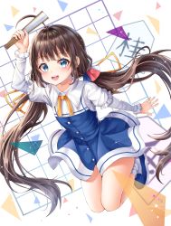 Rule 34 | 1girl, absurdres, ahoge, blue dress, blue eyes, blue footwear, blush, brown hair, child, dress, folding fan, full body, hand fan, highres, hinatsuru ai, huge filesize, long hair, long sleeves, looking at viewer, low twintails, miudo, open mouth, ryuuou no oshigoto!, school uniform, shoes, simple background, smile, socks, solo, twintails, very long hair