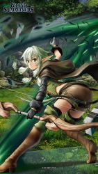 Rule 34 | 1girl, ass, bent over, boots, bow, bow (weapon), brown shorts, crossbow, elf, female focus, forest, full body, gloves, goblin slayer!, grass, green eyes, green hair, hair bow, high elf archer (goblin slayer!), highres, holding, holding weapon, leaf, nature, official art, outdoors, petals, pointy ears, robe, short shorts, shorts, sidelocks, solo, thigh boots, thighhighs, tree, weapon
