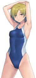 Rule 34 | 1girl, absurdres, arms up, asymmetrical bangs, blue one-piece swimsuit, breasts, collarbone, commentary request, competition swimsuit, covered navel, grey hair, hashi, highleg, highleg swimsuit, highres, looking at viewer, medium breasts, multicolored clothes, multicolored swimsuit, one-piece swimsuit, original, purple eyes, short hair, simple background, solo, standing, stretching, swimsuit, thighs, two-tone swimsuit, white background, white one-piece swimsuit