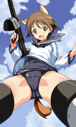 Rule 34 | 1girl, absurdres, animal ears, black one-piece swimsuit, blue one-piece swimsuit, blush, brown eyes, brown hair, cloud, day, derivative work, dog ears, drum magazine, flying, foreshortening, from below, gun, highres, looking at viewer, magazine (weapon), miyafuji yoshika, no pants, one-piece swimsuit, open mouth, outdoors, school swimsuit, school uniform, serafuku, short hair, sigsig, sky, solo, spread legs, strike witches, striker unit, swimsuit, swimsuit under clothes, tail, thighhighs, thighs, weapon, world witches series