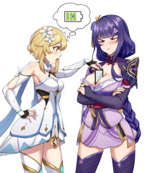 Rule 34 | 2girls, :o, anger vein, armor, battery indicator, between breasts, blonde hair, blunt bangs, blush, braid, breasts, bridal gauntlets, cawfield, cellphone, charging device, cleavage, closed mouth, commentary, crossed arms, detached sleeves, dress, english commentary, flower, from side, frown, genshin impact, gold trim, hair flower, hair ornament, hand on own hip, highres, holding, holding phone, japanese clothes, kimono, large breasts, long hair, low-braided long hair, low-tied long hair, lumine (genshin impact), multiple girls, nail polish, obi, open mouth, phone, purple hair, purple kimono, purple legwear, purple nails, raiden shogun, sash, short hair with long locks, shoulder armor, simple background, small breasts, smartphone, surprised, thighhighs, thought bubble, trembling, twitter username, unamused, v-shaped eyebrows, very long hair, white background, white dress, white flower, white legwear, yellow eyes
