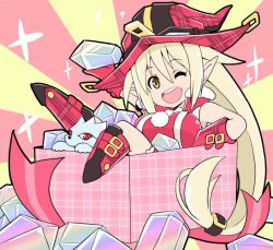 Rule 34 | 1girl, asahi, bare legs, box, breasts, chibi, christmas, creature, curvy, dress, female focus, happy, hat, large breasts, legs up, lilith-soft, long hair, looking at viewer, magical girl lilith, one eye closed, red eyes, shiny skin, sitting, smile, taimanin (series), taimanin asagi, taimanin rpgx, very long hair, wink, yellow eyes