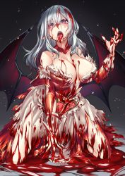 Rule 34 | 1girl, aged up, bat wings, blood, blood in hair, blood on breasts, blood on clothes, blood on face, blood on hands, breasts, dress, fingernails, grey hair, hand up, highres, kneeling, large breasts, long fingernails, long hair, looking at viewer, nail polish, pink eyes, pool of blood, red nails, remilia scarlet, sharp fingernails, shukusuri, solo, tongue, tongue out, torn clothes, torn dress, touhou, white dress, wings
