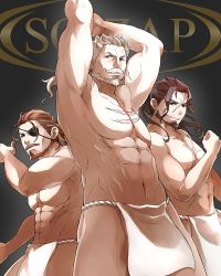 Rule 34 | 3boys, abs, arms up, bara, beard, brown hair, eugen (granblue fantasy), eyepatch, facial hair, flexing, from below, granblue fantasy, large pectorals, loincloth, long hair, male focus, male underwear, manly, mature male, multiple boys, muscular, muscular male, mustache, navel, nipples, no nipples, norazo, old, old man, pectorals, pelvic curtain, ponytail, rackam (granblue fantasy), scar, scar on chest, soriz, stomach, thighs, underwear, underwear only, white hair, white male underwear