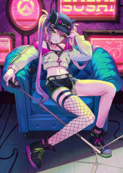 Rule 34 | 1girl, baseball cap, chair, couch, crop top, cropped jacket, demon tail, earrings, easy chair, elbow rest, fishnet thighhighs, fishnets, full body, green eyes, green nails, grin, hair ornament, hairclip, hat, hat with ears, holding, holding microphone stand, hololive, jewelry, kagawa ichigo, legs, legwear garter, long hair, looking at viewer, microphone, microphone stand, multicolored hair, multicolored nails, nail polish, navel, navel piercing, picture frame, piercing, pink hair, pink nails, purple hair, shoelaces, shoes, single thighhigh, smile, sneakers, solo, tail, tank top, teeth, thigh strap, thighhighs, thighs, tokoyami towa, twintails, two-tone hair, virtual youtuber, wooden floor