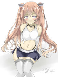 Rule 34 | 1girl, black panties, black skirt, brown eyes, collarbone, feet out of frame, gakky, headgear, highleg, highleg panties, highres, johnston (kancolle), kantai collection, light brown hair, long hair, navel, official alternate costume, one-hour drawing challenge, panties, simple background, sitting, skirt, smile, solo, tank top, thighhighs, two side up, underwear, white background, white tank top, white thighhighs