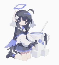 Rule 34 | 1girl, ahoge, angel, angel wings, animal ears, ascot, bare legs, black eyes, black footwear, black hair, black ribbon, black shirt, blue halo, blue wings, boots, closed mouth, collared shirt, cross, cup, daizu (melon-lemon), detached ahoge, dot mouth, expressionless, floppy ears, full body, grey skirt, hair ornament, halo, holding, holding cross, jacket, kneeling, latin cross, long hair, long sleeves, looking at viewer, mini person, minigirl, no nose, off shoulder, open clothes, open jacket, original, pleated skirt, rabbit ears, rabbit girl, rabbit tail, ribbon, shirt, sidelocks, simple background, skirt, sleeves past wrists, solo, spoon, straight hair, sugar cube, tail, very long hair, white ascot, white background, white jacket, wings, x hair ornament