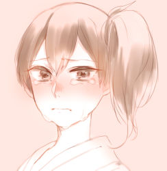 Rule 34 | 10s, 1girl, bad id, bad pixiv id, blush, brown eyes, brown hair, crying, crying with eyes open, frown, kaga (kancolle), kantai collection, looking at viewer, monochrome, nose blush, pink background, portrait, side ponytail, simple background, solo, tamawo (mu gi2), tears