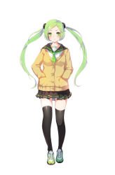 Rule 34 | 1girl, bad id, bad pixiv id, black thighhighs, blush, cardigan, emyo, full body, green eyes, green hair, hands in pockets, looking at viewer, matching hair/eyes, original, pleated skirt, school uniform, serafuku, shoes, simple background, skirt, smile, sneakers, solo, thighhighs, twintails, white background