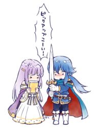 Rule 34 | &gt;o&lt;, 1boy, 1girl, belt, blue hair, book, brother and sister, cape, dress, fire emblem, fire emblem: genealogy of the holy war, fire emblem heroes, gloves, holding, holding book, julia (fire emblem), long hair, long sleeves, nintendo, open mouth, purple hair, seliph (fire emblem), siblings, simple background, sword, tiara, tuittabonko, weapon, white background, white dress, white gloves
