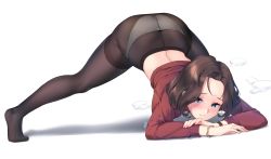 Rule 34 | arm support, artist name, ass, black pantyhose, blue eyes, blush, bracelet, breasts, brown hair, closed mouth, commentary request, forehead, frown, full body, highres, jack-o&#039; challenge, jewelry, large breasts, long sleeves, muto (uadocjon 21), no shoes, original, panties, panties under pantyhose, pantyhose, red sweater, short hair, signature, simple background, solo, spread legs, sweater, thighband pantyhose, underwear, white background, white panties