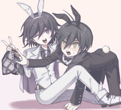 2boys ahoge all_fours animal_ear_hairband animal_ears atuiutini_ute bishounen black_bow black_bowtie blush bow bowtie brown_eyes butler collared_shirt commentary_request danganronpa_(series) danganronpa_v3:_killing_harmony embarrassed eyelashes fake_animal_ears formal_clothes hair_between_eyes hairband heart highres holding holding_underwear holding_unworn_clothes jacket jacket_on_shoulders knee_up looking_at_viewer male_focus multiple_boys necktie oma_kokichi one_eye_closed open_mouth pale_color purple_eyes rabbit_ear_hairband rabbit_ears ringed_eyes saihara_shuichi shirt simple_background sitting suit surprised sweatdrop teeth underwear upper_teeth_only v white_background white_necktie white_suit