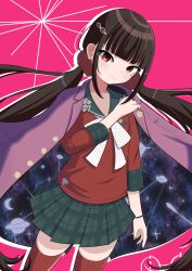 Rule 34 | 1girl, absurdres, black skirt, blunt bangs, borrowed clothes, brown hair, danganronpa (series), danganronpa v3: killing harmony, edmundnfk, frown, hair ornament, hair scrunchie, hairclip, harukawa maki, highres, long hair, long sleeves, looking at viewer, low twintails, mole, mole under eye, outline, pink background, plaid, plaid skirt, pleated skirt, red eyes, red scrunchie, red shirt, sailor collar, school uniform, scrunchie, shirt, skirt, solo, space print, starry sky print, twintails, white outline