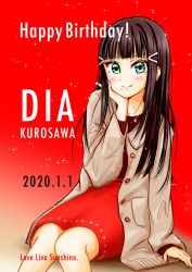 Rule 34 | 1girl, absurdres, artist name, artist request, bare legs, black hair, black shirt, blush, brown jacket, cross, cross necklace, female focus, green eyes, hair ornament, hairclip, highres, jacket, jewelry, kurosawa dia, long hair, looking at viewer, love live!, love live! sunshine!!, mole, mole under mouth, necklace, red skirt, shirt, skirt, smile, solo, yaah--