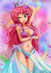 Rule 34 | 1girl, bikini, blue eyes, breasts, bulge, cameltoe, erection, erection under clothes, gem, long hair, one eye closed, open mouth, pearl (gemstone), red hair, see-through, sigurd hosenfeld, solo, swimsuit, tongue, wink