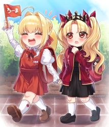 Rule 34 | 2girls, ahoge, backpack, bag, bag charm, blonde hair, blush, charm (object), crying, crying with eyes open, day, ereshkigal (fate), closed eyes, fate/extra, fate/grand order, fate (series), flag, flower, full body, hair bun, highres, holding, holding flag, holding hands, ishtar (fate), kneehighs, long hair, long sleeves, looking at another, mini flag, multiple girls, nero claudius (fate), nero claudius (fate) (all), open mouth, outdoors, red eyes, rose, shoes, single hair bun, skirt, socks, tears, teeth, tongue, walking, yayoi maka, aged down