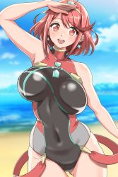 Rule 34 | 1girl, arm up, bare shoulders, beach, black one-piece swimsuit, breasts, cloud, competition swimsuit, covered navel, day, earrings, gem, hair ornament, headpiece, hiroyama (hpzg5374), jewelry, large breasts, looking at viewer, nintendo, ocean, one-piece swimsuit, open mouth, pyra (pro swimmer) (xenoblade), pyra (xenoblade), red eyes, red hair, sand, short hair, skindentation, sky, smile, swept bangs, swimsuit, tiara, unaligned breasts, water, xenoblade chronicles (series), xenoblade chronicles 2