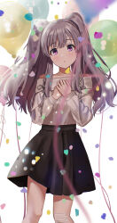 Rule 34 | 1girl, absurdres, andoplus, balloon, bandaid, bandaid on face, bare shoulders, black skirt, blurry, blurry foreground, blush, breasts, collarbone, confetti, cowboy shot, dot nose, grey hair, hands on own chest, hands up, highres, idolmaster, idolmaster shiny colors, long hair, long sleeves, looking at viewer, medium breasts, off-shoulder shirt, off shoulder, parted lips, pleated skirt, purple eyes, shirt, sidelocks, skirt, solo, standing, twintails, white background, white shirt, yukoku kiriko