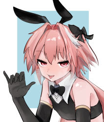 Rule 34 | 1boy, animal ears, astolfo (fate), astolfo (saber) (fate), black gloves, black shirt, bow, bowtie, crop top, detached sleeves, drooling, elbow gloves, fake animal ears, fate/grand order, fate (series), fellatio gesture, gloves, gold trim, hair bow, hair ornament, half-closed eyes, hand up, highres, long hair, looking at viewer, male focus, multicolored hair, open mouth, pink eyes, pink hair, rabbit ears, saliva, shirt, simple background, steam, streaked hair, teeth, tongue, tongue out, trap, twintails, wing collar