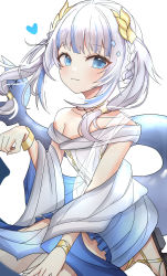 Rule 34 | 1girl, :3, bare shoulders, blue eyes, blue hair, bracelet, braid, collarbone, commentary, dress, fins, fish tail, gawr gura, gawr gura (party dress), gladiator sandals, highres, hololive, hololive english, jewelry, long hair, looking at viewer, multicolored hair, sandals, shark tail, silver hair, solo, streaked hair, tail, twintails, virtual youtuber, weyas kayur, white dress
