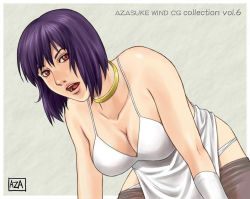 Rule 34 | 1girl, all fours, azasuke, bent over, black pantyhose, breasts, choker, cleavage, clothes pull, cyborg, dress, ghost in the shell, kusanagi motoko, large breasts, open mouth, panties, panty pull, pantyhose, pantyhose pull, purple hair, red eyes, short hair, signature, solo, underwear, white dress, white panties